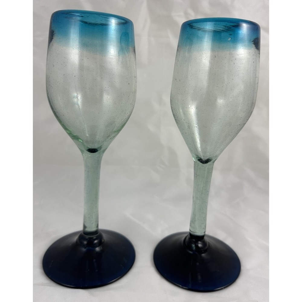Mexican Wine Glasses 9" Green & Turquoise Blue Rim Base 8 oz Set Of 2 Hand Blown